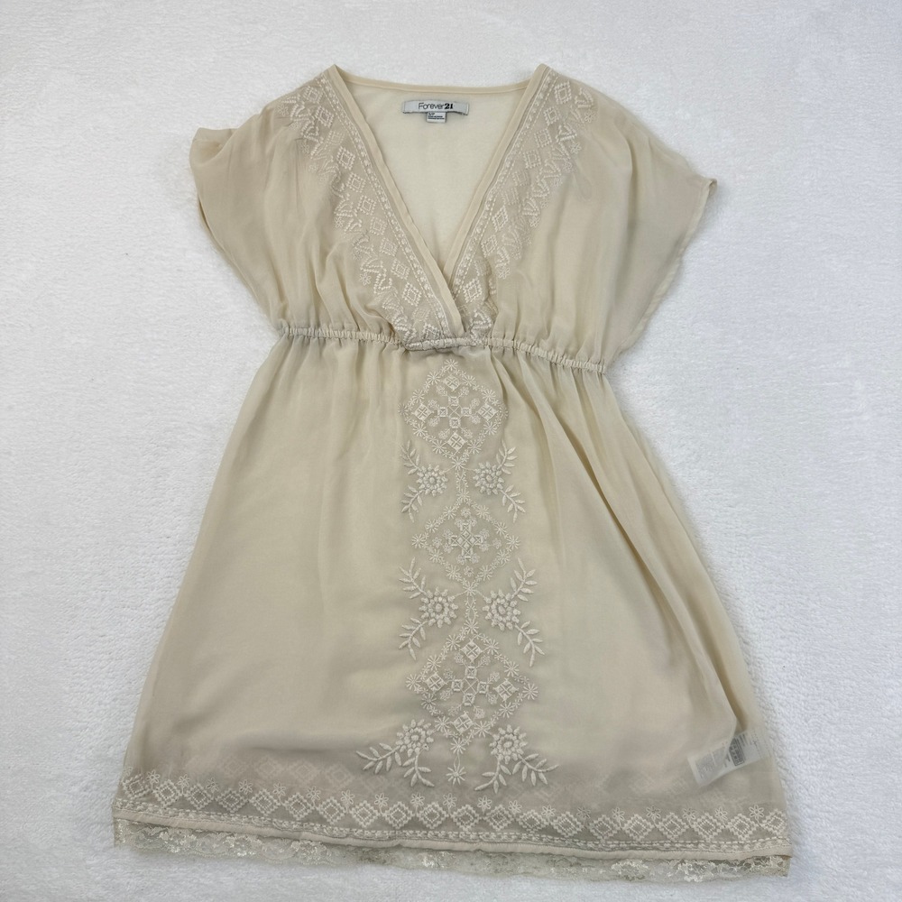 Forever 21 Embroidered Sheer‎ Longline Tunic Small Cream Boho Indie Festival
